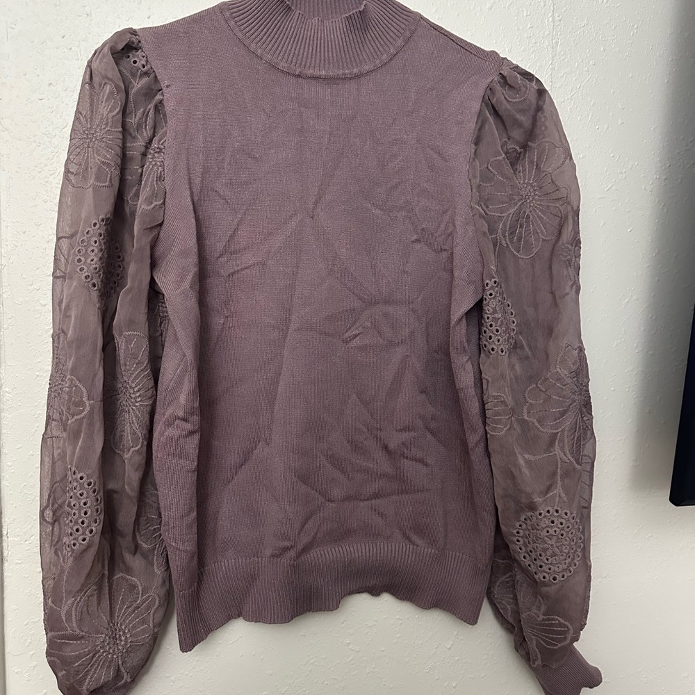 Women's Mauve Top with Sheer Floral Sleeves
